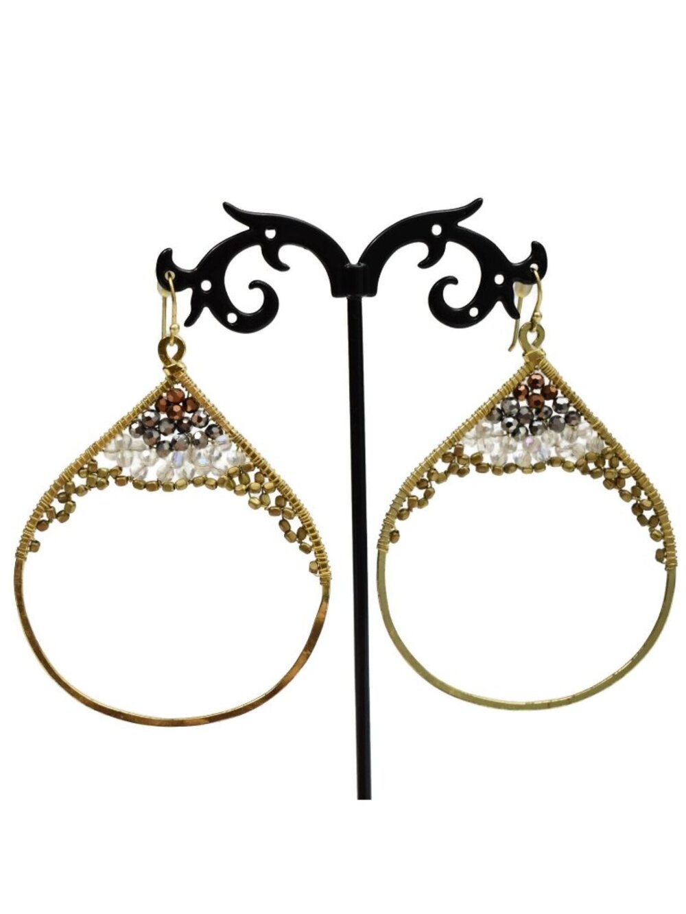 Artisan Boho Gold Wire Wrapped Beaded Drop Hoop Earrings Clear Bronze Black